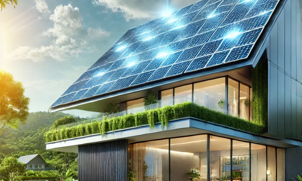 DALL·E 2024-09-12 09.45.11 – A modern home with sleek solar panels integrated into the roof, surrounded by green landscapes and a bright, sunny sky. The house has a futuristic des